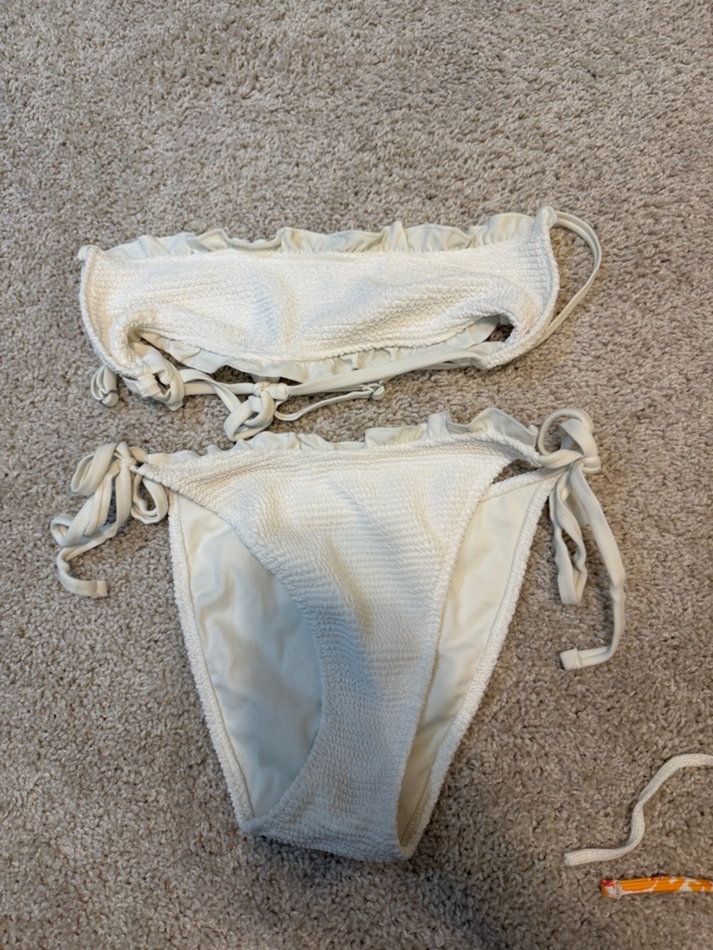 PacSun Cream Textured Ruffle Bandeau Tie-Side Bikini